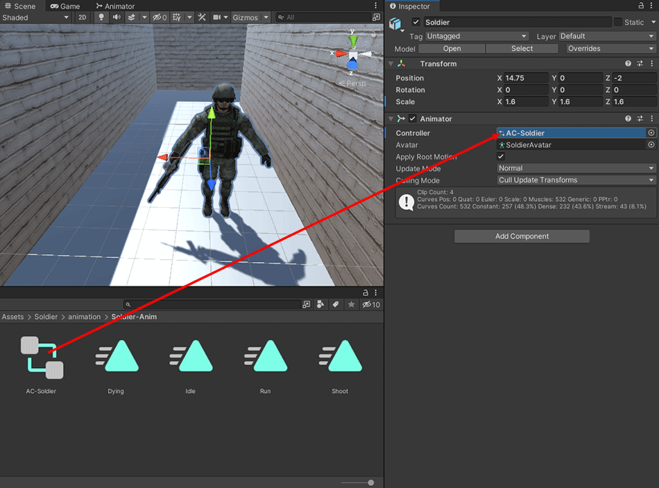 Dragging and dropping an animator controller onto the Inspector