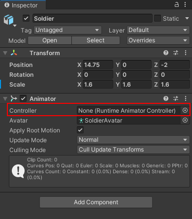 The Controller section of the Animator component