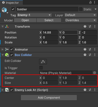 The Size values for a box collider