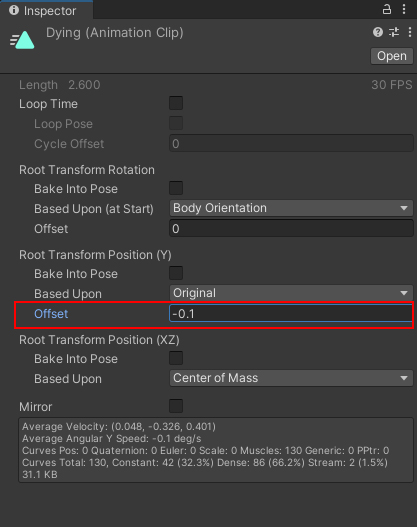 The Offset for Root Transform Position of an animation clip
