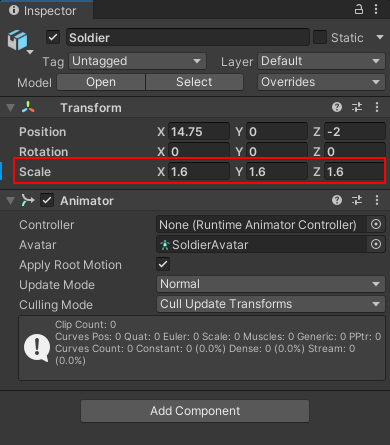 The scale values in the Inspector