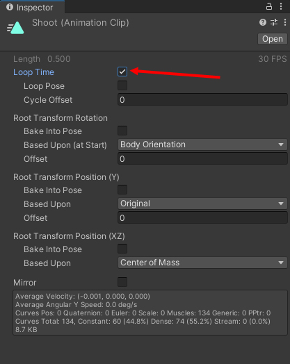 The Loop Time indicated for an animation clip