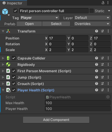 The player health script in the Inspector