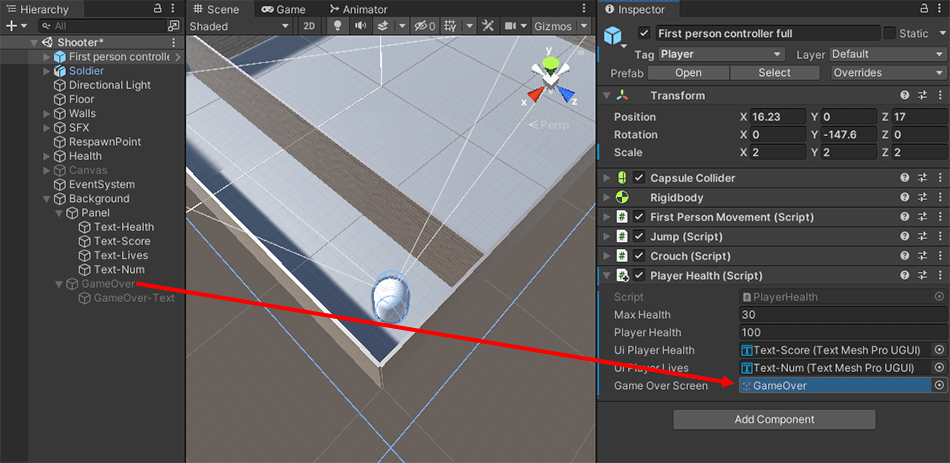 Dragging a game over screen from the Hierarchy to the Inspector in Unity 3D