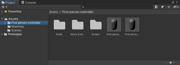 The first person controller showing in the Project area of Unity