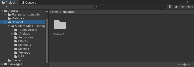 The Modern Handgun item by Nokobot showing in the Project area of Unity