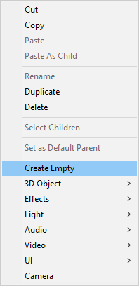 Unity menu showing the Create Empty item selected