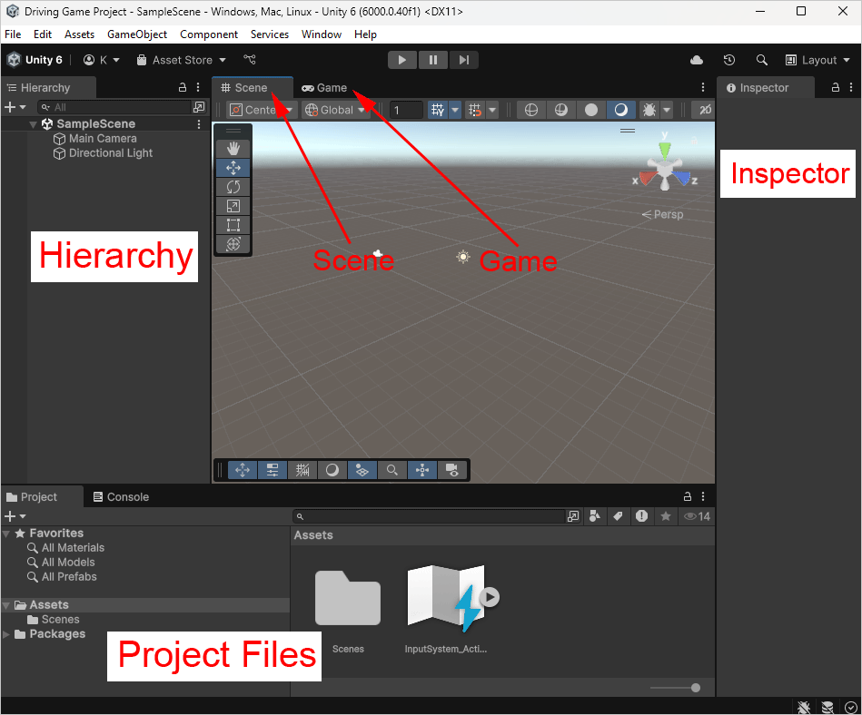 Unity 6 software with various areas highlighted in a 3D project