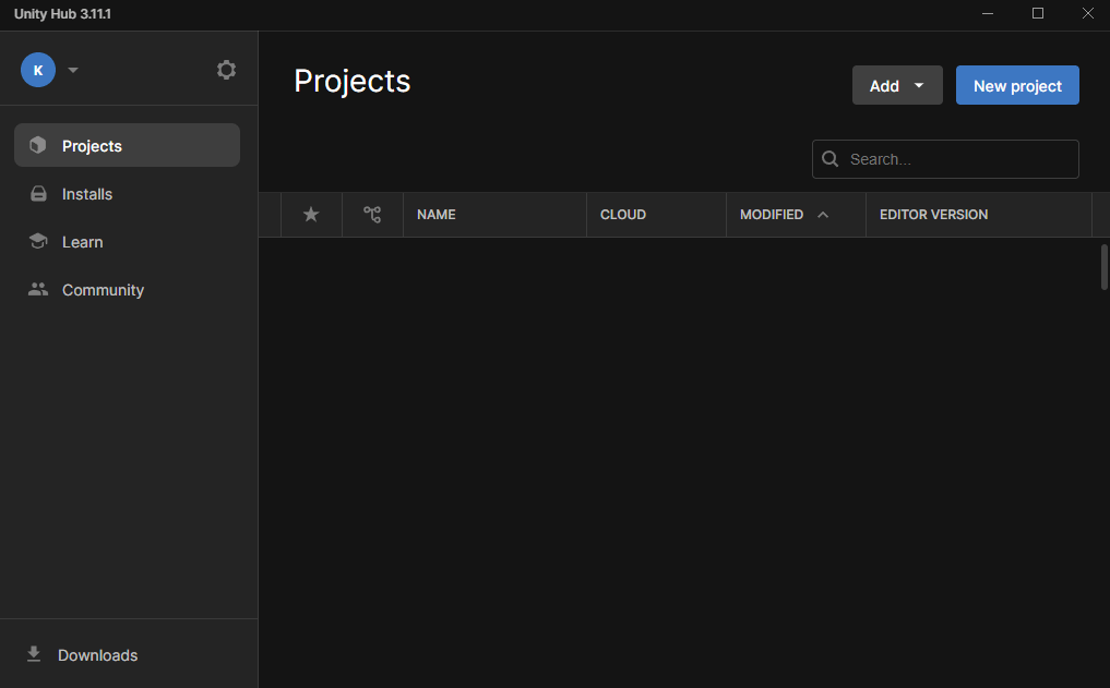 Screenshot of Unity Hub 3