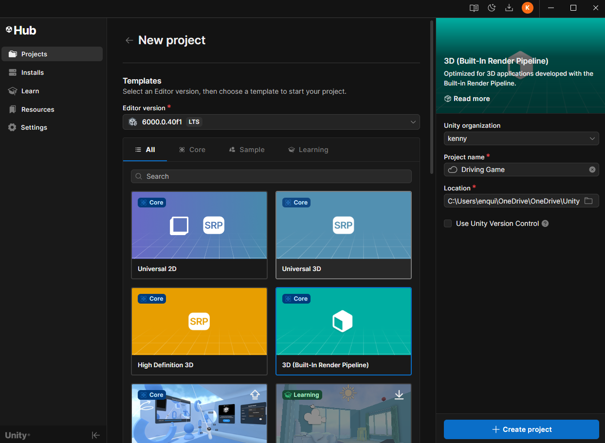 Unity Hub with the 3D (Built-in Render Pipeline) template selected.