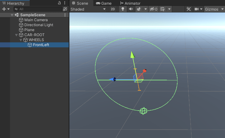 Unity Scene view showing a wheel collider