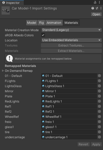 The Inspector showing the car Import Settings with materials added
