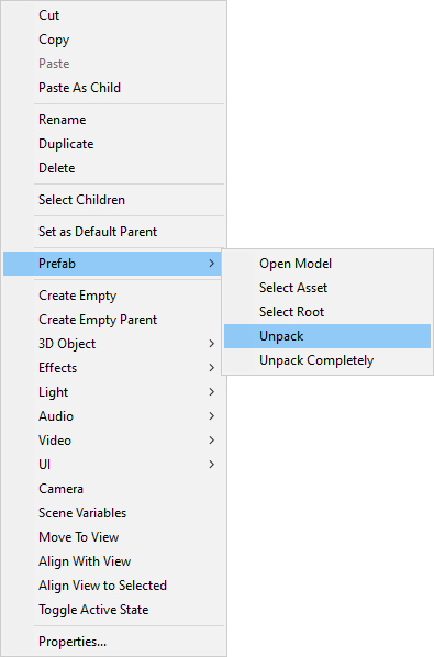 A Unity menu showing the Prefab > Unpack option