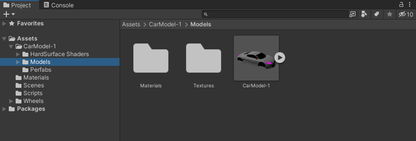 Project area showing a download of a car body from the Unity Asset Store