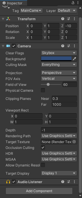 Unity 3D Inspector with the Main Camera selected. 