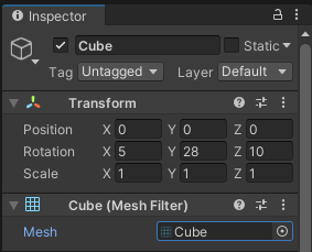 The Inspector showing values entered for the rotation