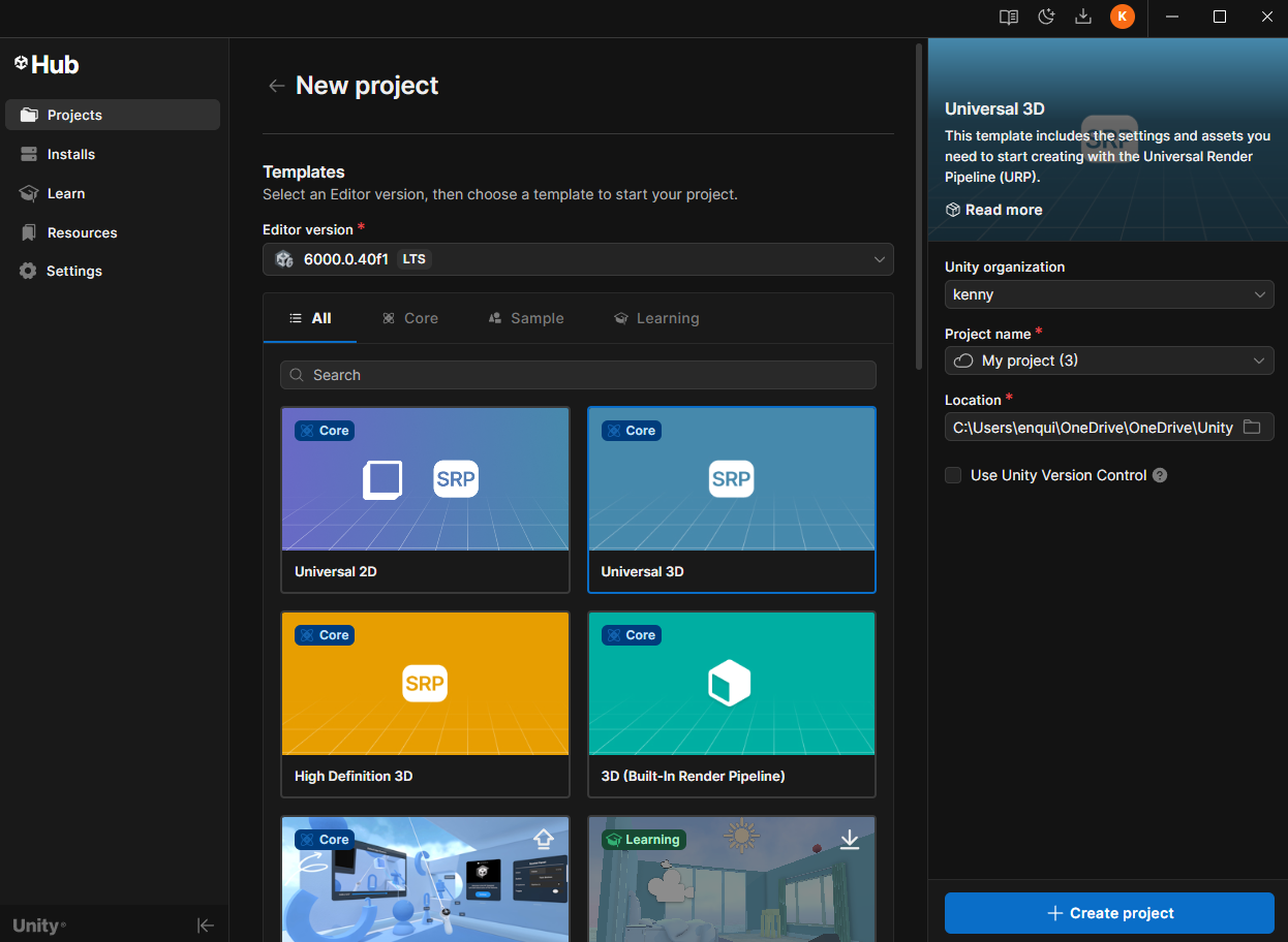 New Project screen in Unity version 6