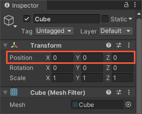 The Inspector showing the Transfor Position values reset to zero.