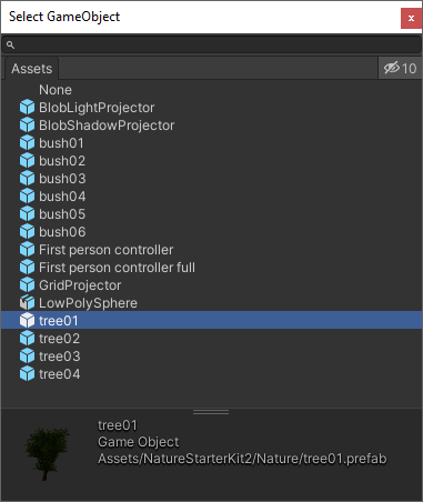 A list of tree game objects in Unity