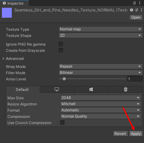Normal Map settings in the Inspector