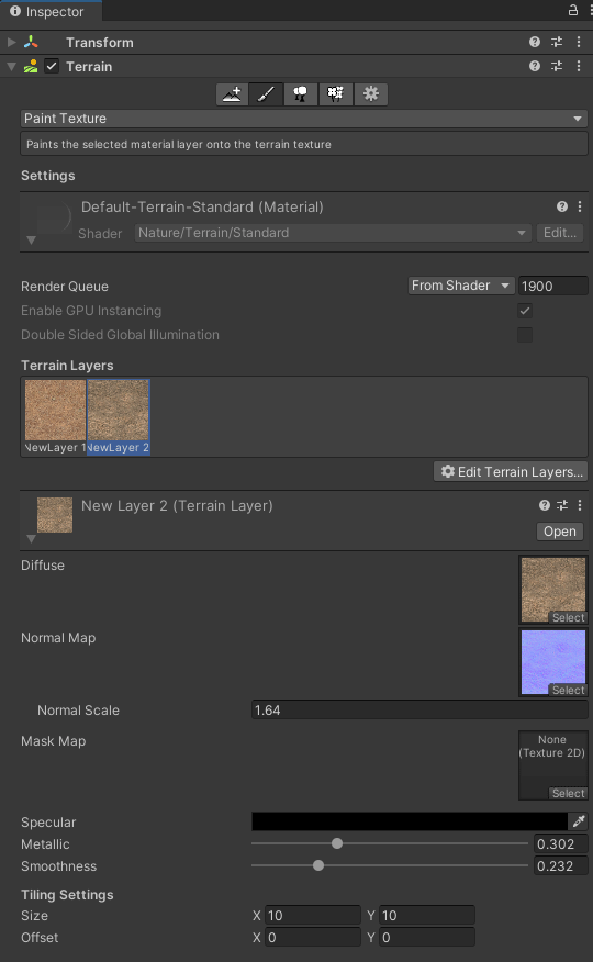 Two terrain layers added to the Inspector