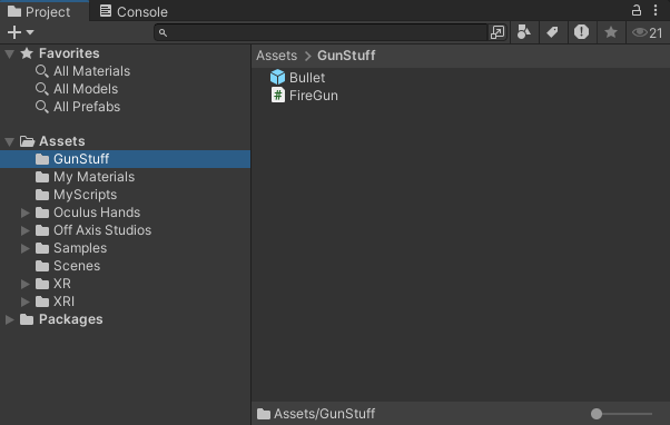 Unity project area showing a bullet prefab.