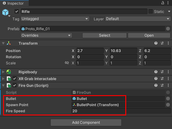 Unity Inspector showing three bullet items added as components.