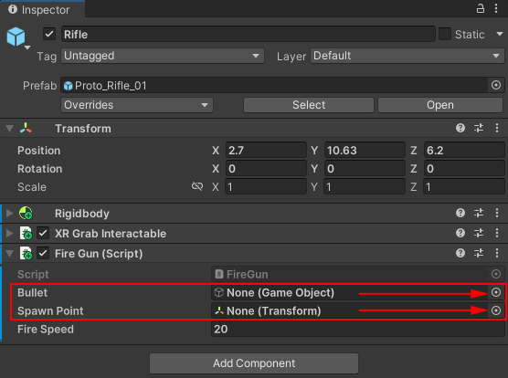 Unity Inspector showing a bullet and a spawn point highlighted.