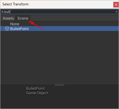 Unity Inspector showing a bullet spawn point being selected.