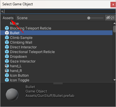 Unity Inspector showing a bullet prefab being selected.