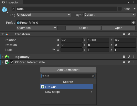 Unity Inspector showing a fire gun script being added to a component.