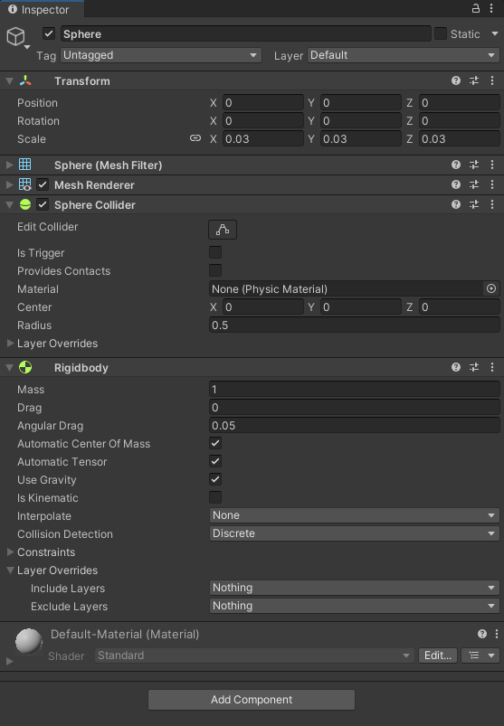 Unity Hierarchy showing a sphere game object used as a bullet.