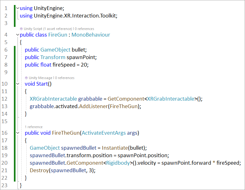 Unity C# code to fire a gun.