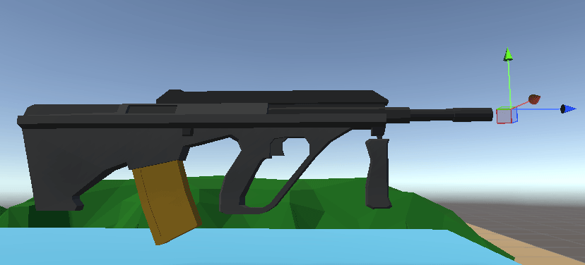Unity game scene showing a rifle with an empty game object used as spawn point for a bullet.