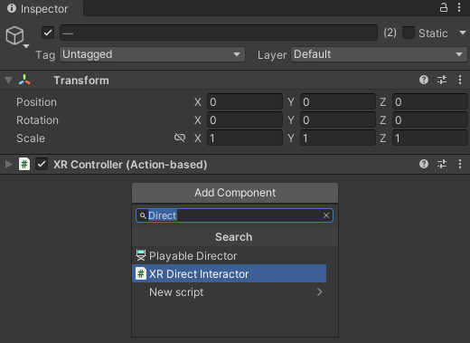 Unity Inspector showing the XR Direct Interactor script being selected.