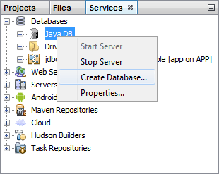 Menu showing the Create Database item