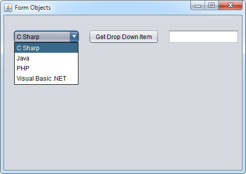 The Java form is running and displaying the combo box  list