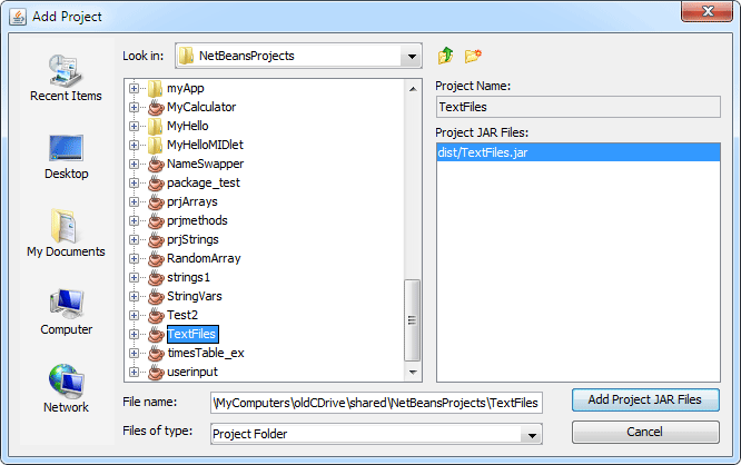 The Add Project dialogue box