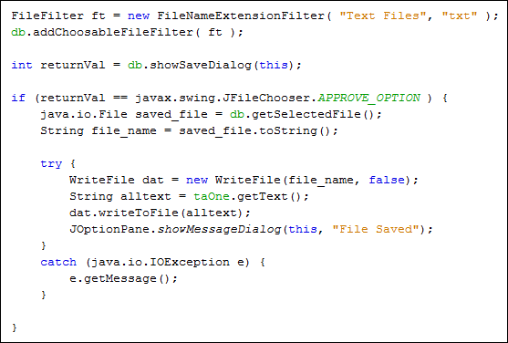 Java code to save a text file