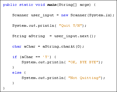 Java code showing use of the charAt method