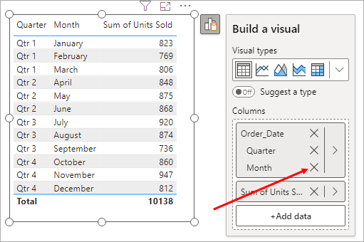 Arrow pointing to the delete column option.