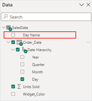 The Power BI Date panel with a new Day Name column added.