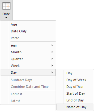 The Power Query Date menu with the Name of Day item highlighted.