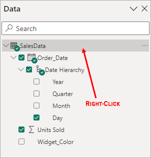 Arrow pointing to the top item in the Power BI Data panel, indicating where to right-click.