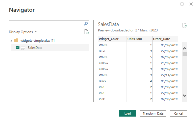 The Power BI Navigator screen showing a spreadsheet ready to load.