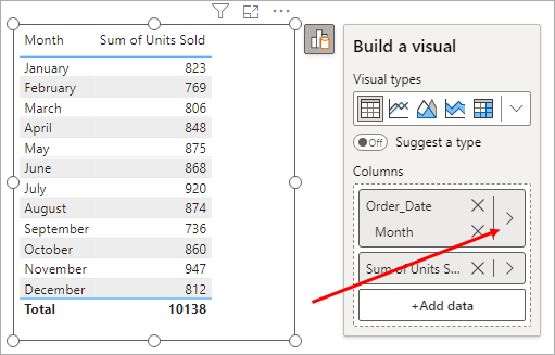 Arrow pointing to the Data Options.