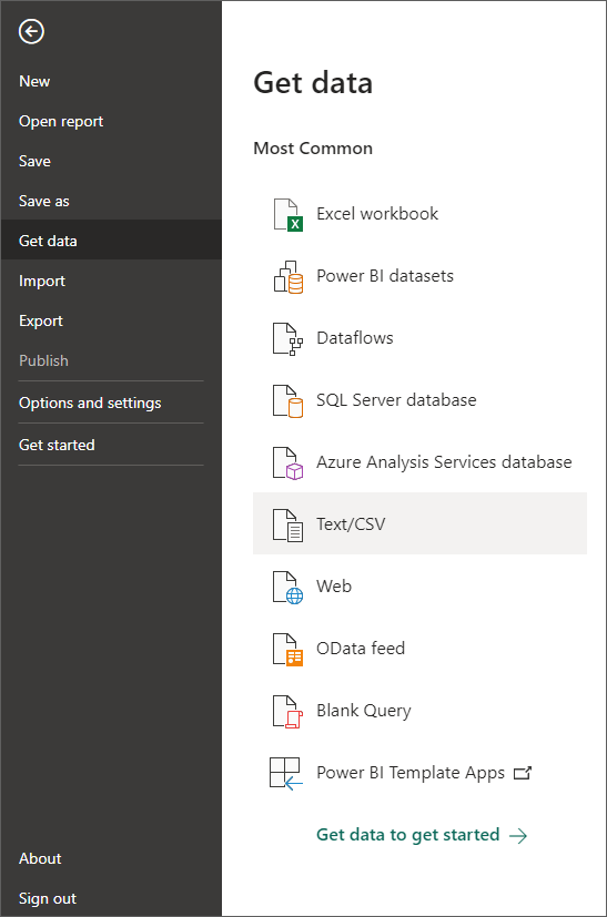 Get Data menu