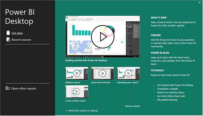 Power BI 2023 Desktop opening screen.