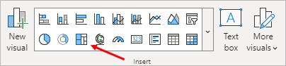 Arrow pointing to the Treemap chart item on the Insert panel in Power BI 2023.