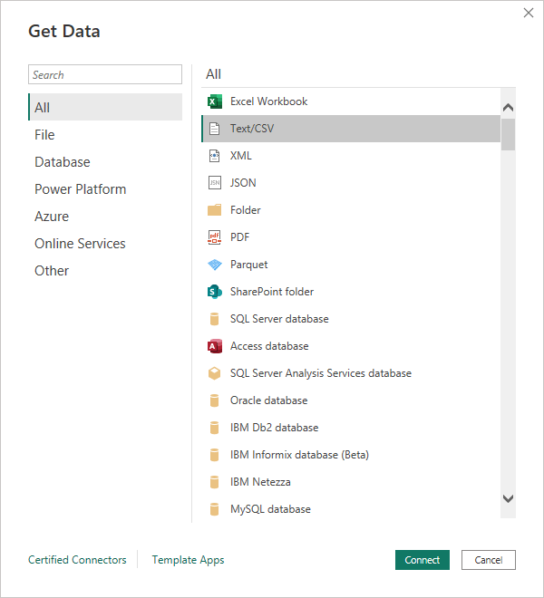 The Get Data screen in Power BI 2023.